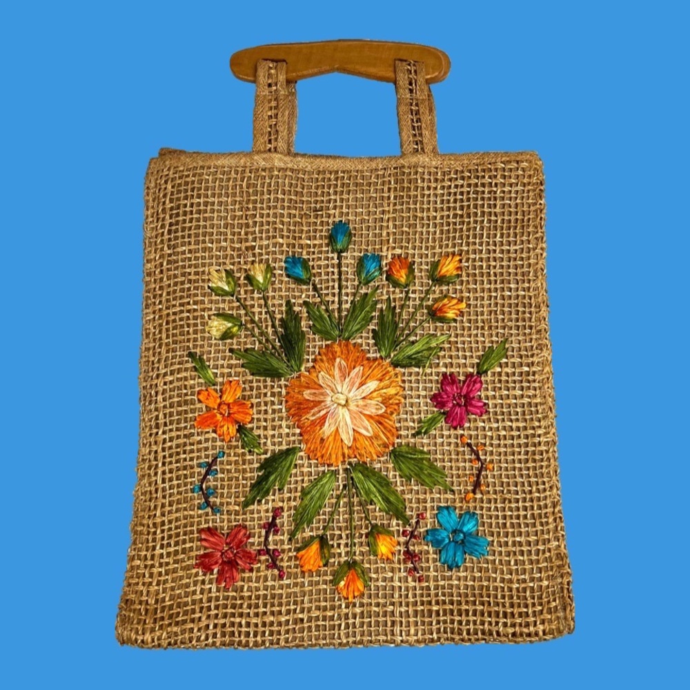 60s Vintage Burlap and Straw Handbag With Wood Handles, Boho Chic Tote Bag